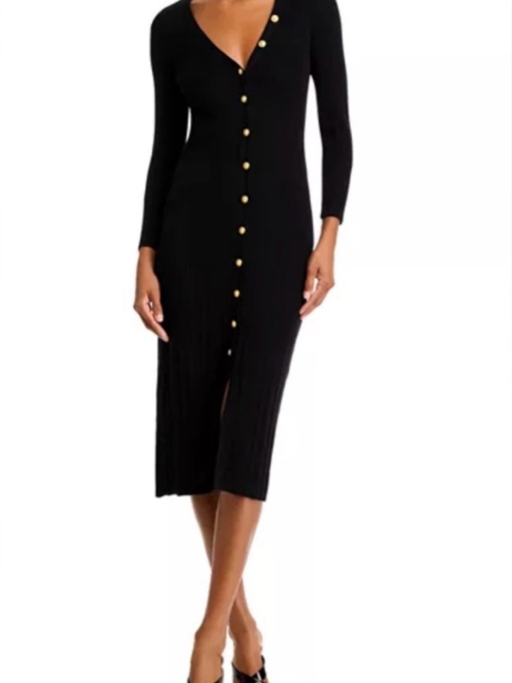 L'AGENCE Navy Ribbed Midi Dress with Gold Buttons